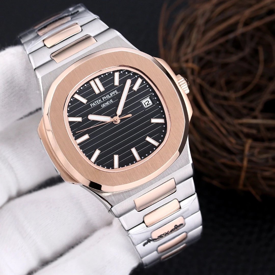 Two-Tone Rose Gold Case · Black Dial Steel Band