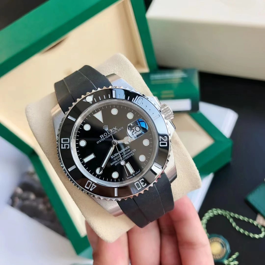 Rolex Submariner Watch Black Dial Black Bezel Black Rubber Strap