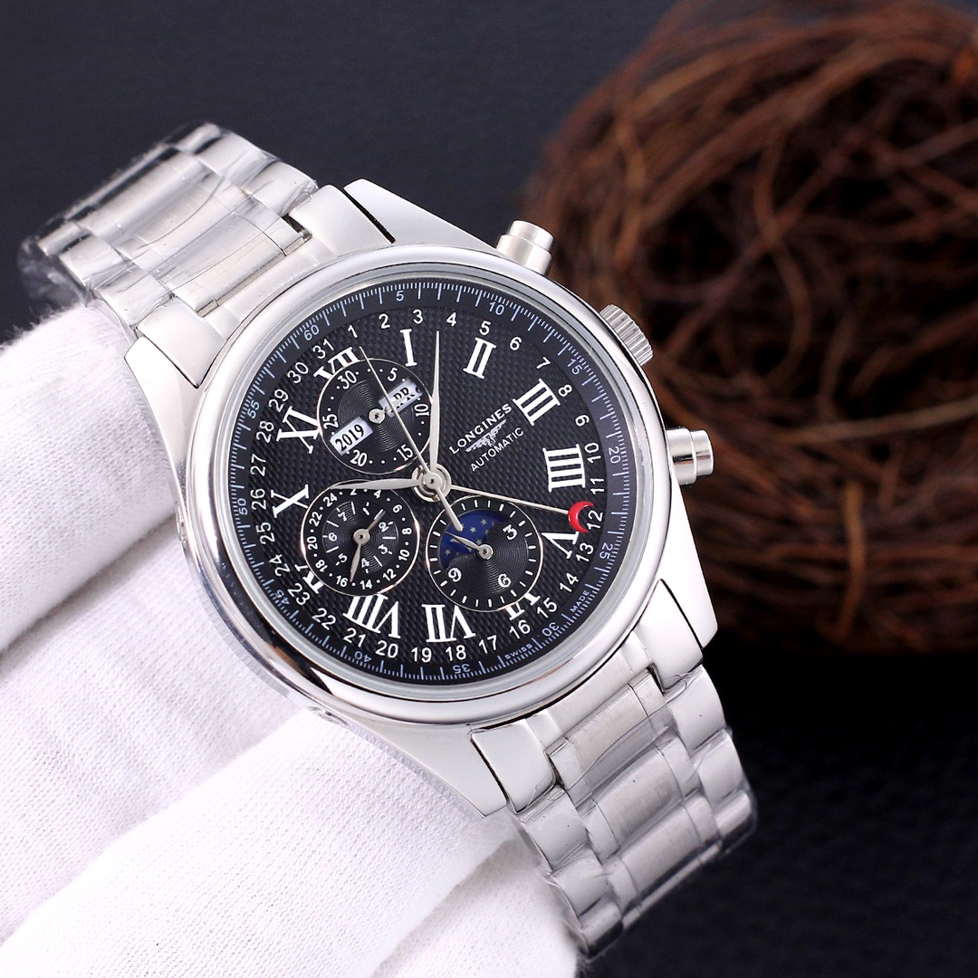 Longines Master Collection Moonphase Chronograph Black Dial Steel Bracelet Roman Numerals