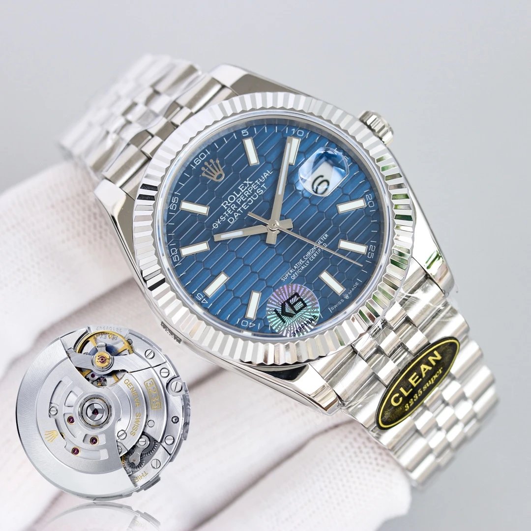 Silver shell with blue plate and steel strip