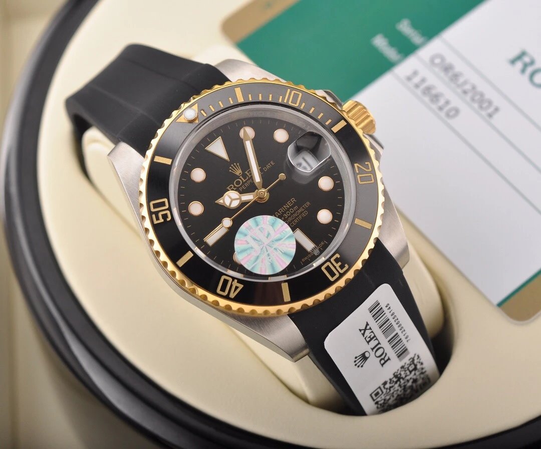 Rolex Submariner Watch Green Dial Green Bezel Two-Tone Gold Black Rubber Strap