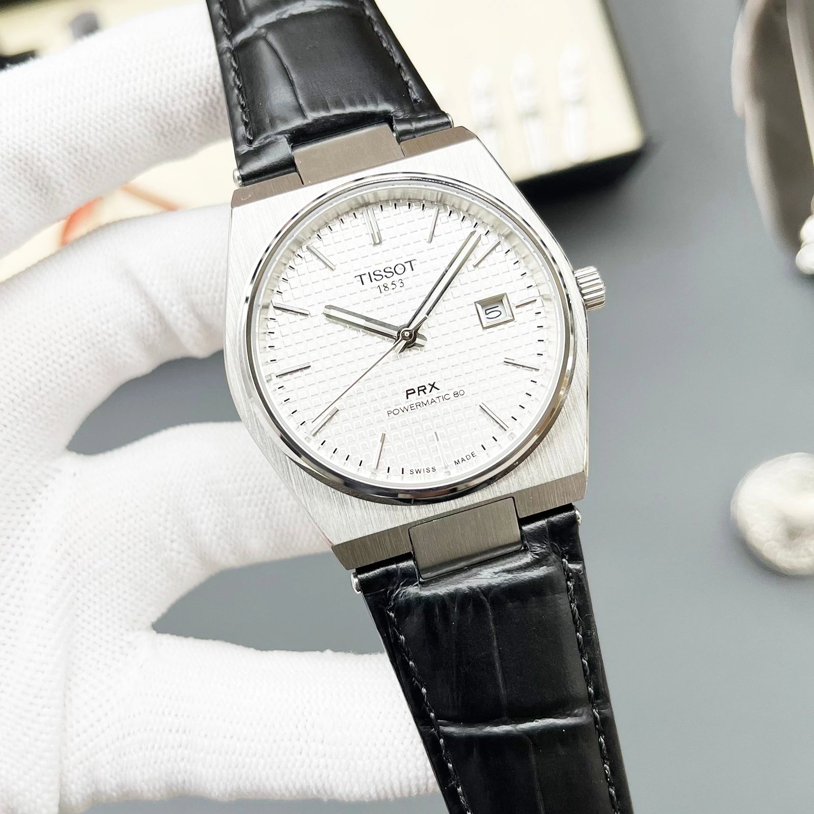 Tissot PRX Powermatic 80 Silver Dial Black Leather Strap Mechanical Watch Watches - 5