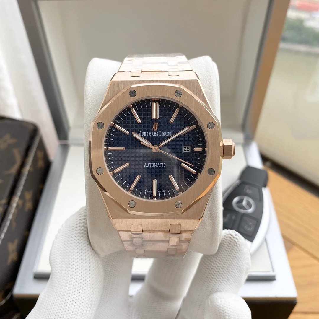 Rose Gold Case · Blue Dial Steel Band