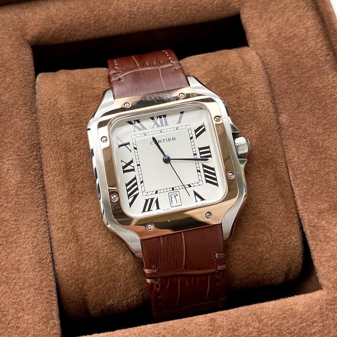 Rose gold shell, white plate, brown belt