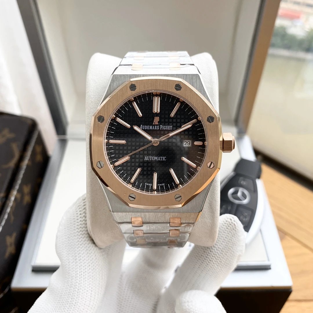 Two-Tone Rose Gold Case · Black Dial Steel Band