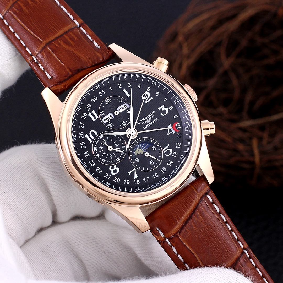 Longines Master Collection Moonphase Chronograph Black Dial Brown Leather Strap Rose Gold Case