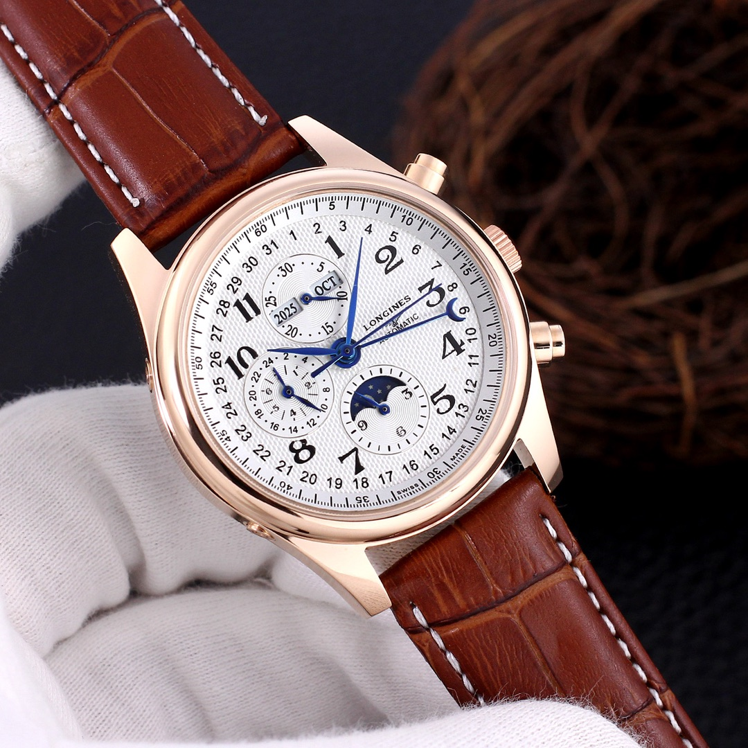 Longines Master Collection Moonphase Chronograph White Dial Brown Leather Strap Rose Gold Case