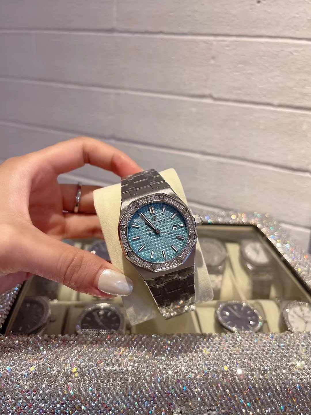 Diamond Bezel, Silver Case, Tiffany Dial, Steel Bracelet