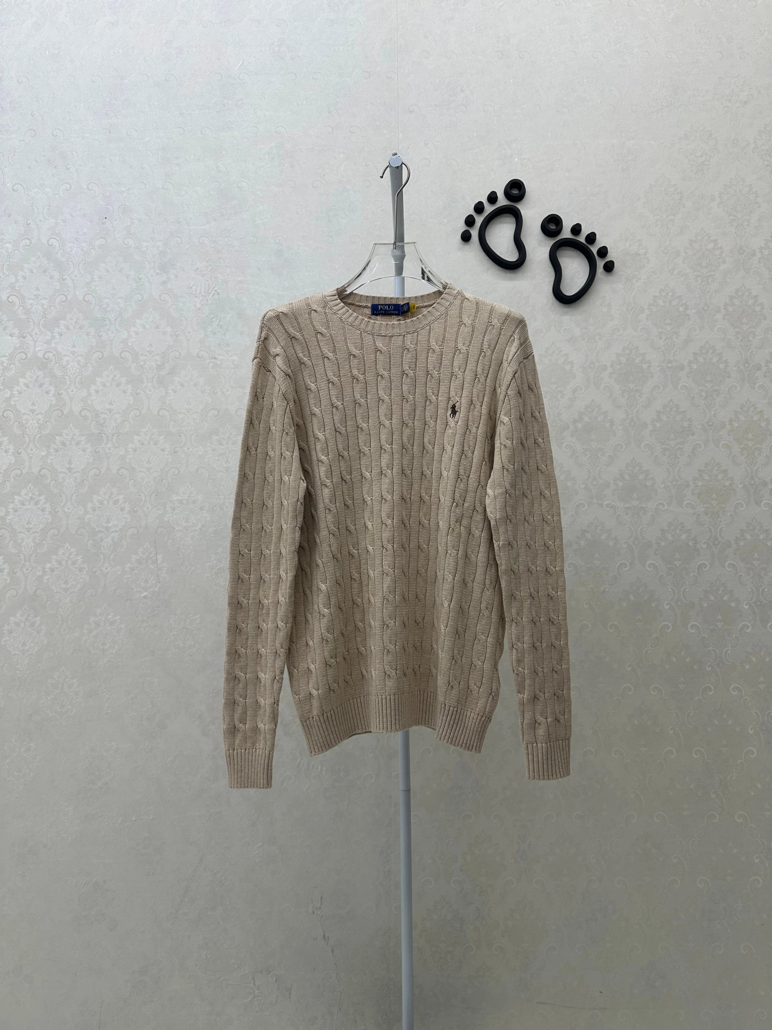 4436FP-RL - Men's and women's pure cotton Fried Dough Twists knitting round neck sweater - light khaki