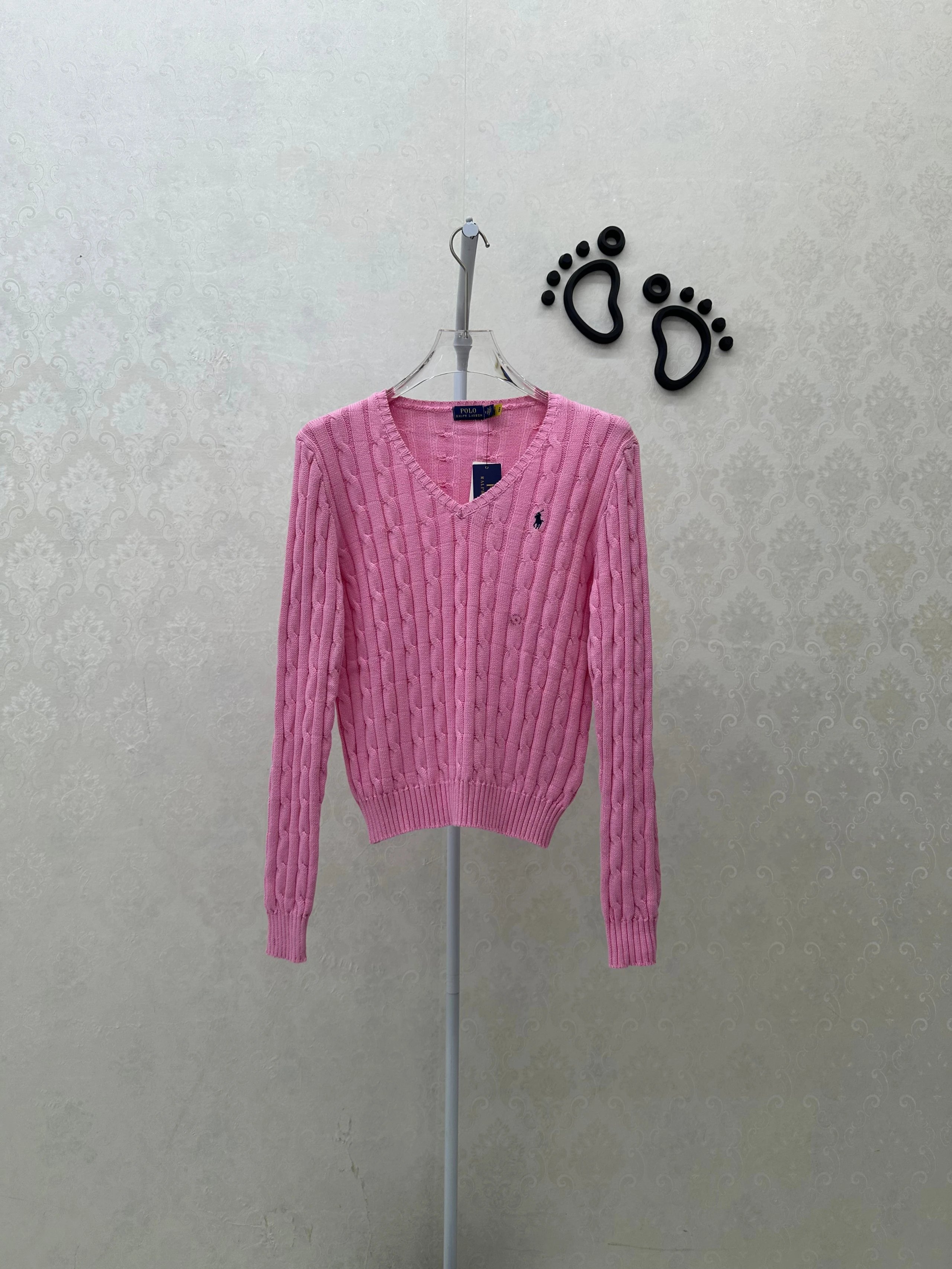 4446FP-RL Women's Slim Fit Cotton Fried Dough Twists Knitted V-Neck Sweater - Pink