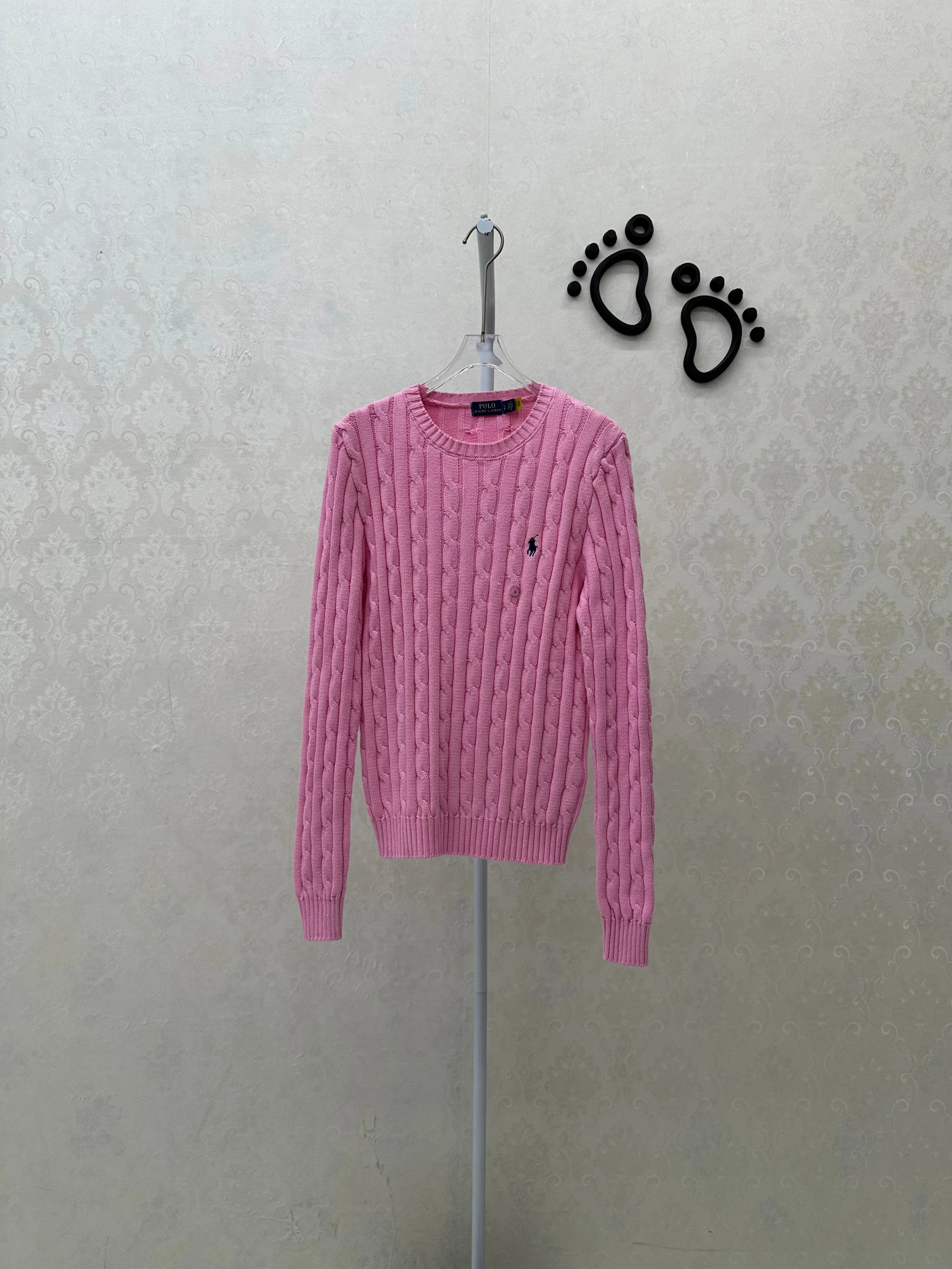 4440FP-RL women's slim cotton Fried Dough Twists knitting round neck sweater pink