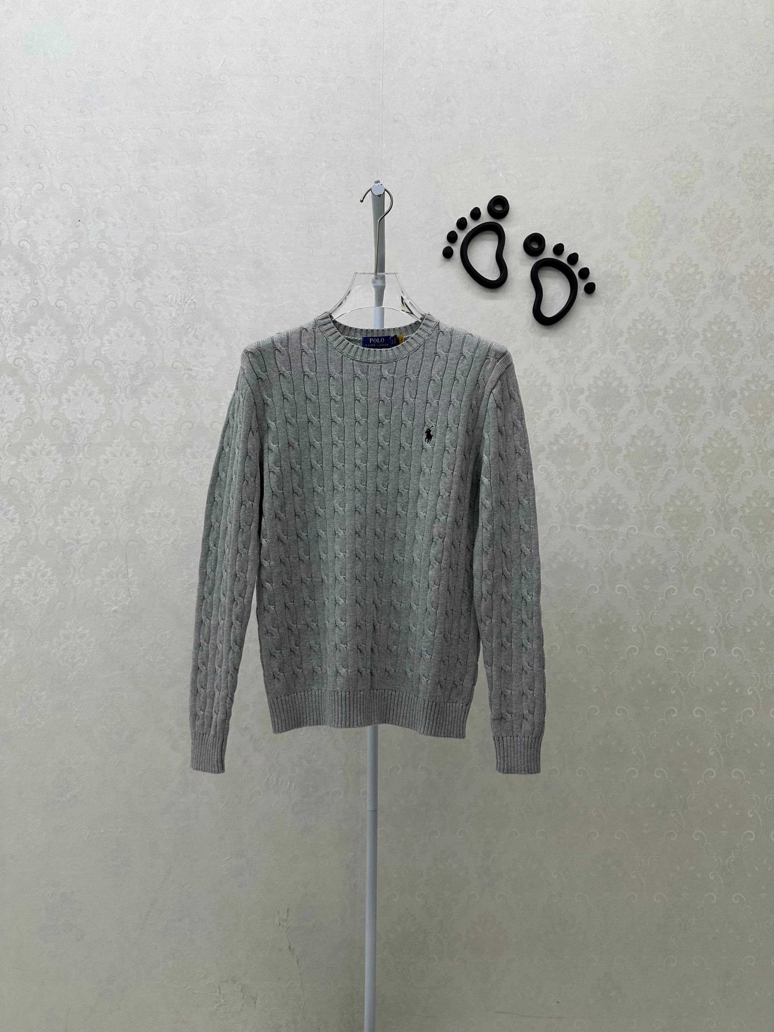 4435FP-RL - Men's and women's pure cotton Fried Dough Twists knitting round neck sweater - light gray