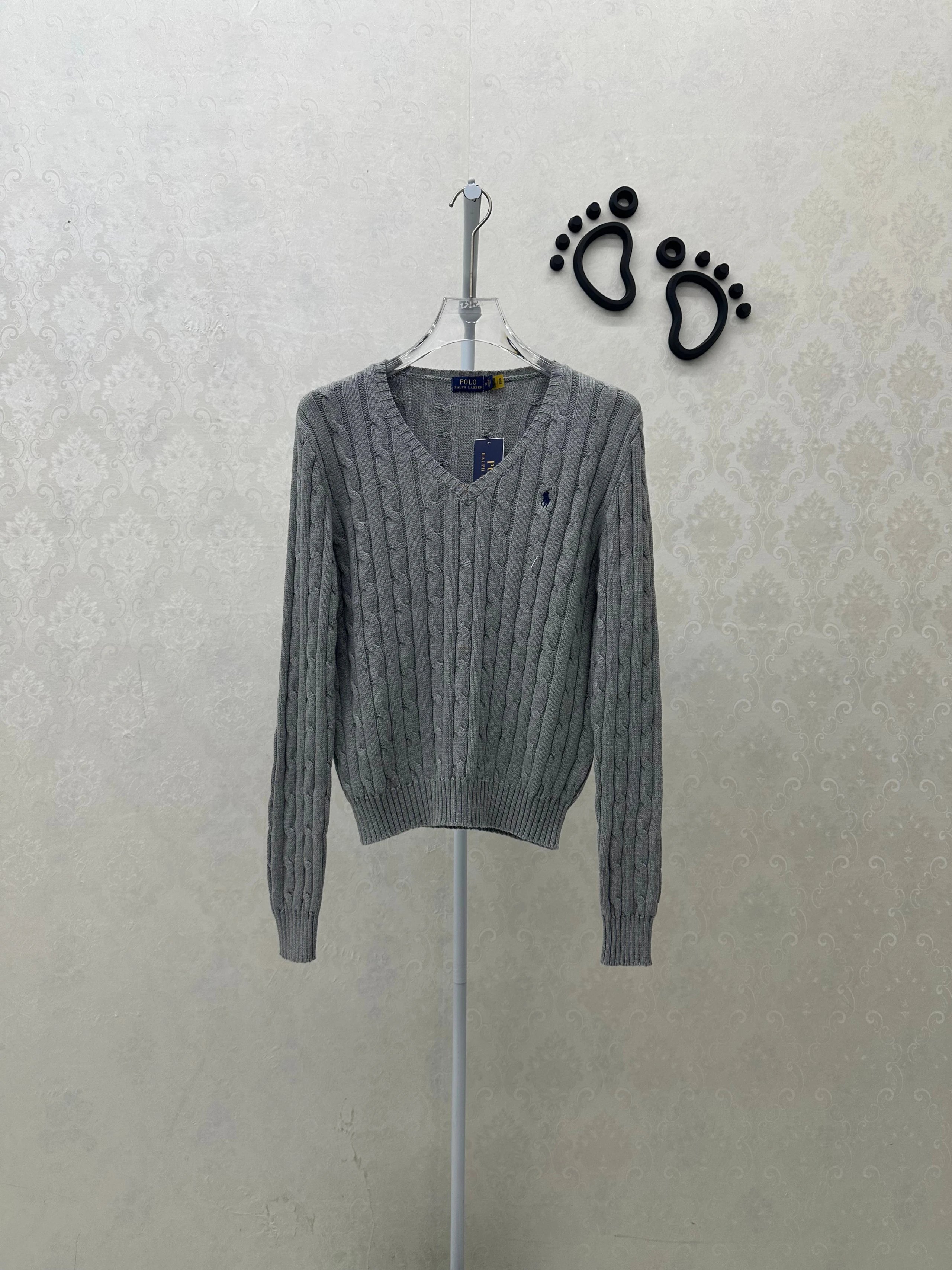 4449FP-RL Women's Slim Fit Cotton Fried Dough Twists Knitted V-Neck Sweater Light Grey