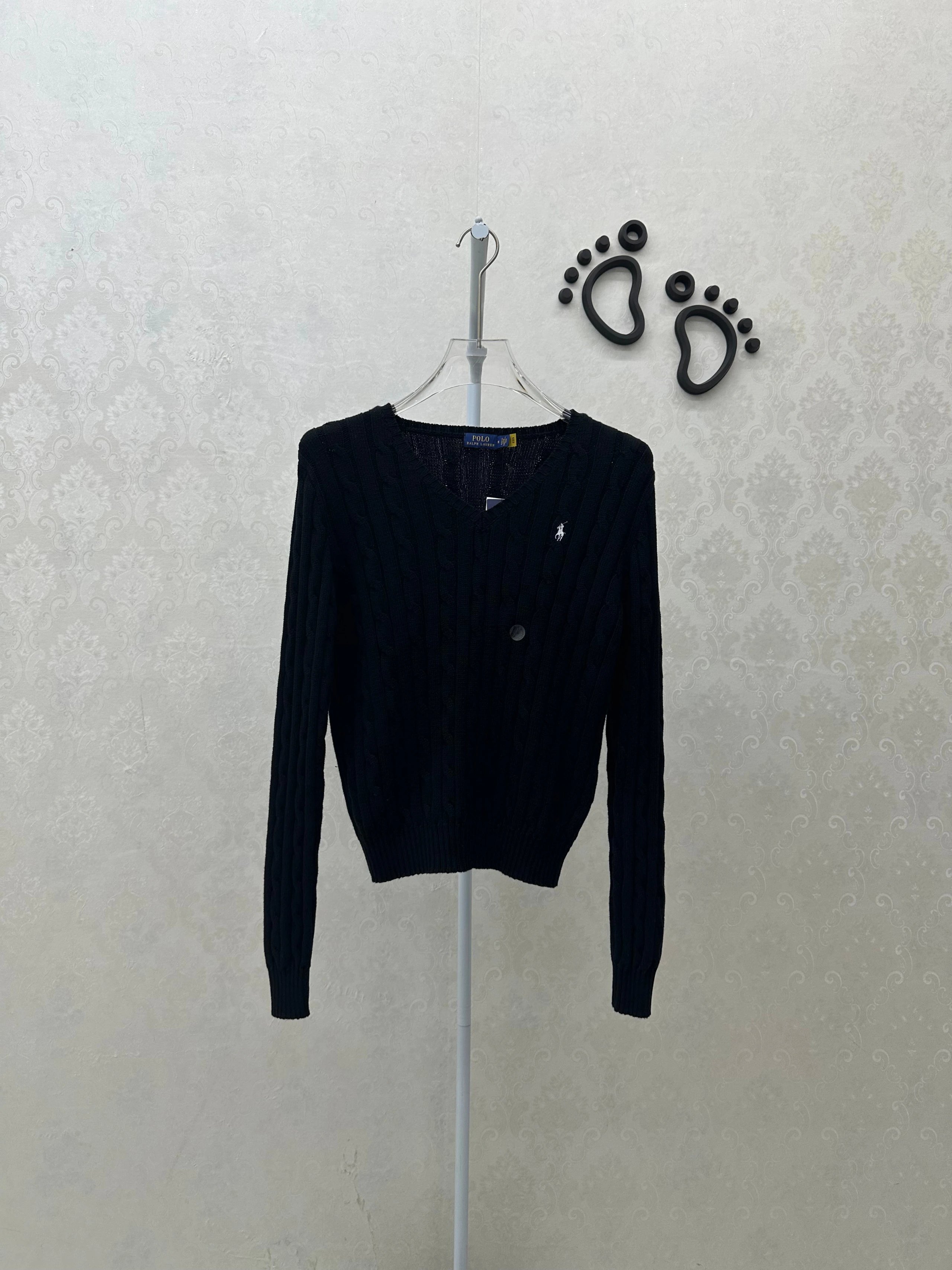 4447FP-RL women's slim cotton Fried Dough Twists knitting V-neck sweater - black white horse logo