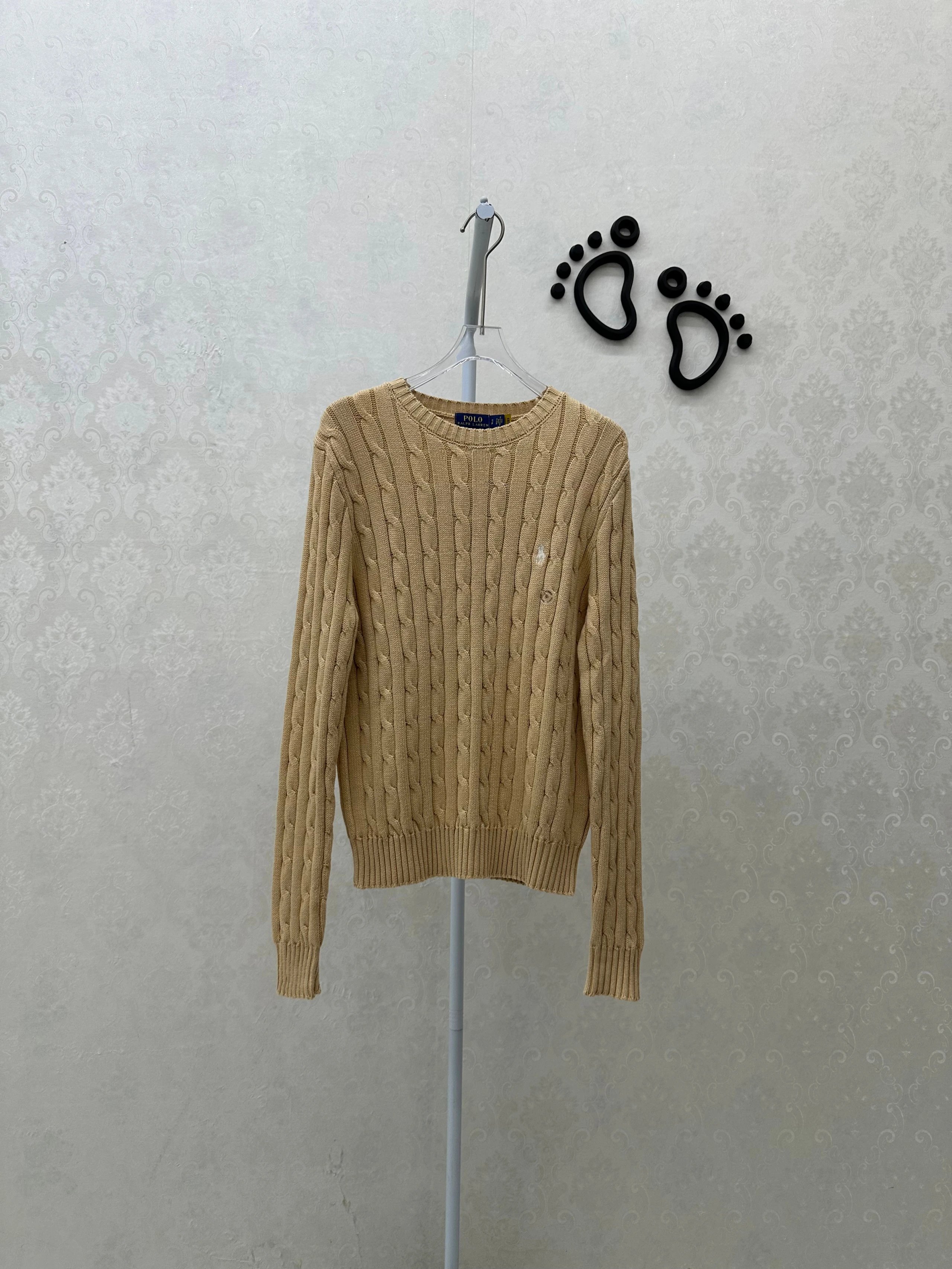 4443FP-RL women's slim cotton Fried Dough Twists knitting round neck sweater - light khaki