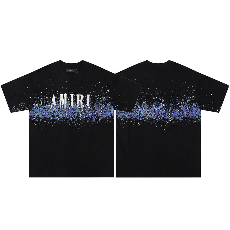 AMIRI summer letter splashed cashew flower round neck short sleeved loose fitting couple T-shirt