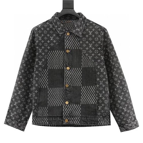 Spliced ​​checkerboard presbyopic denim long sleeve jacket-cc