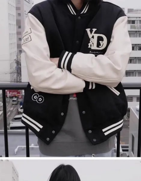 V&D Varsity Jacket Black and Beige Outerwear - 15
