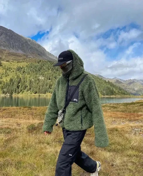 Stussy Fleece Sherpa Hooded Jacket Olive Green Outerwear - 1