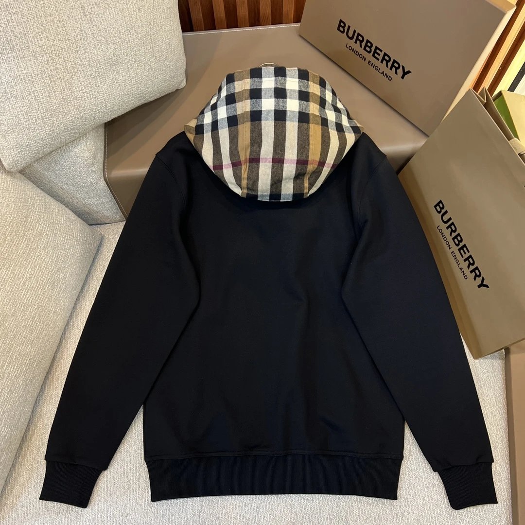 Burberry Check-Trim Hooded Zip-Up Sweatshirt Black Hoodie - 6