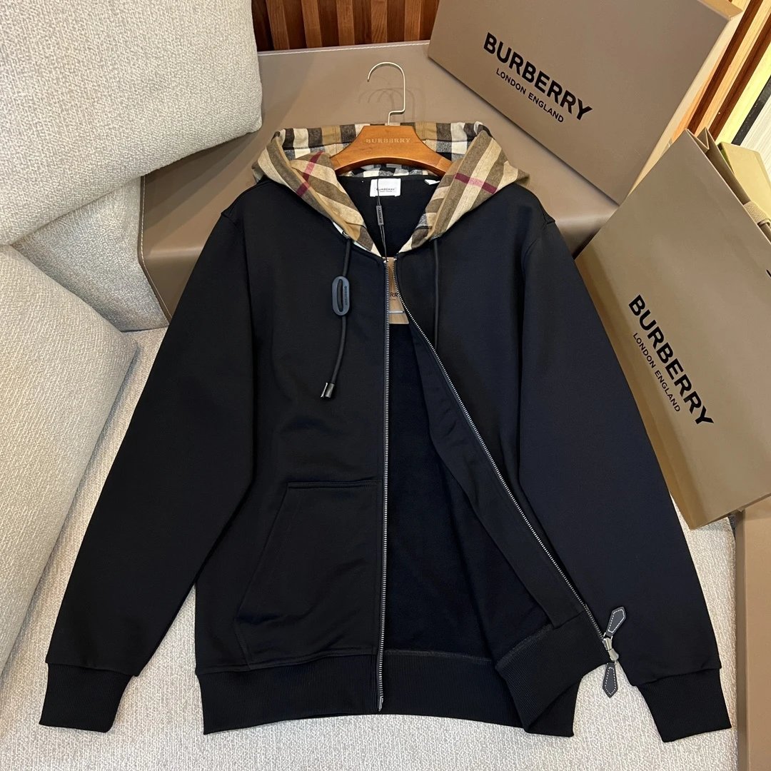 Burberry Check-Trim Hooded Zip-Up Sweatshirt Black Hoodie - 3