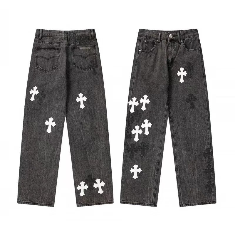 Cross Embroidery Washed Denim Jeans photo 3