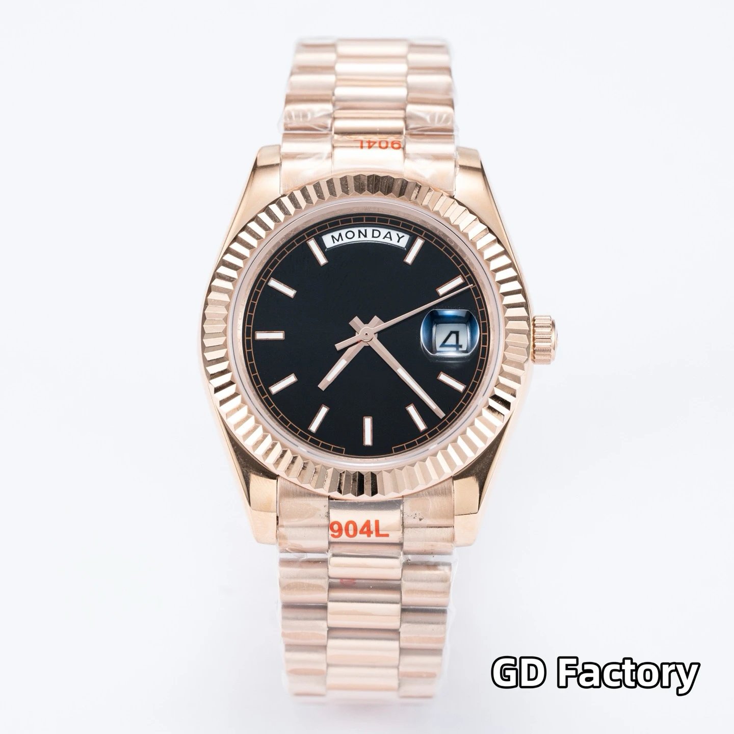 Stick Index Dial, Rose Gold Case, Black Dial, Steel Bracelet