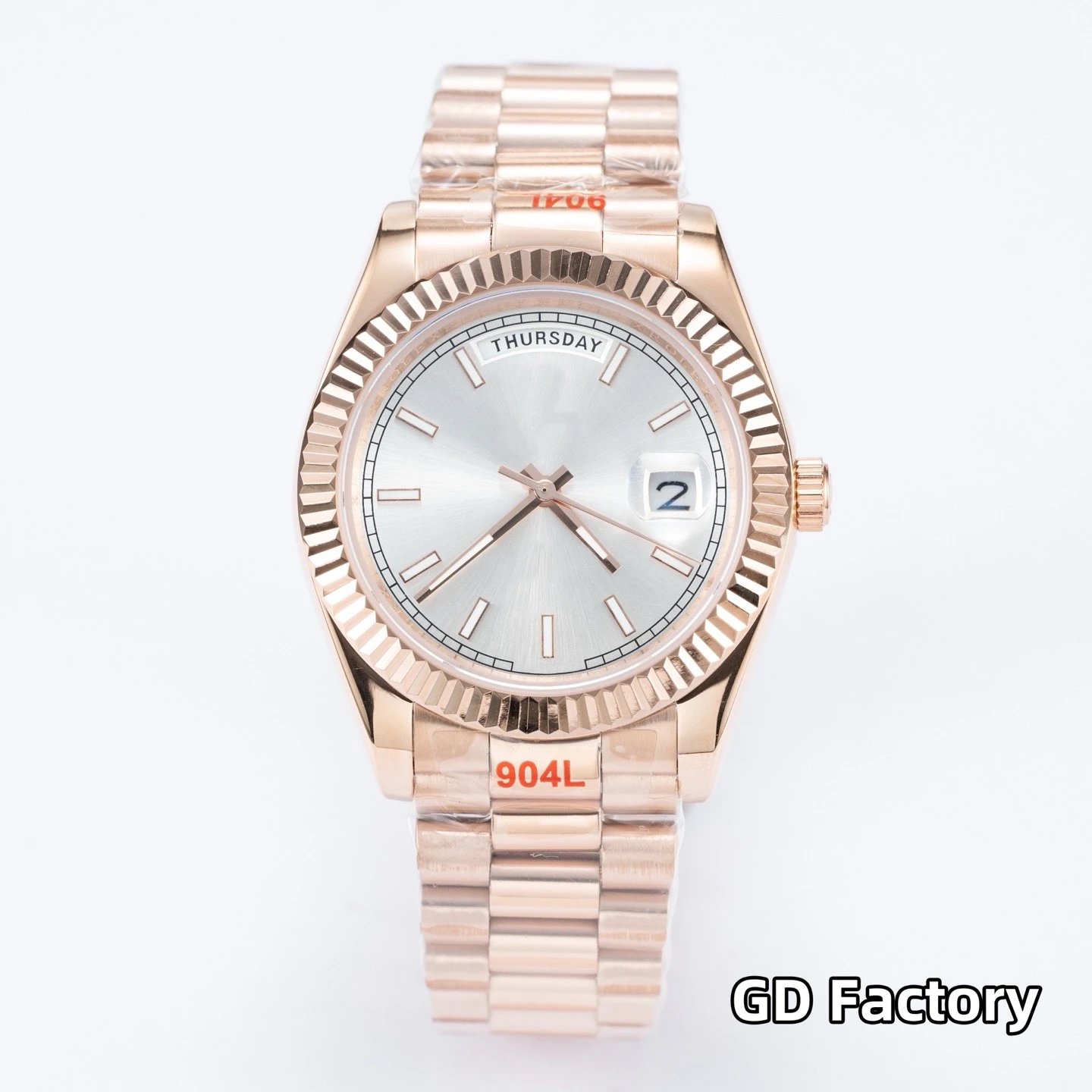 Stick Index Dial, Rose Gold Case, Silver Dial, Steel Bracelet
