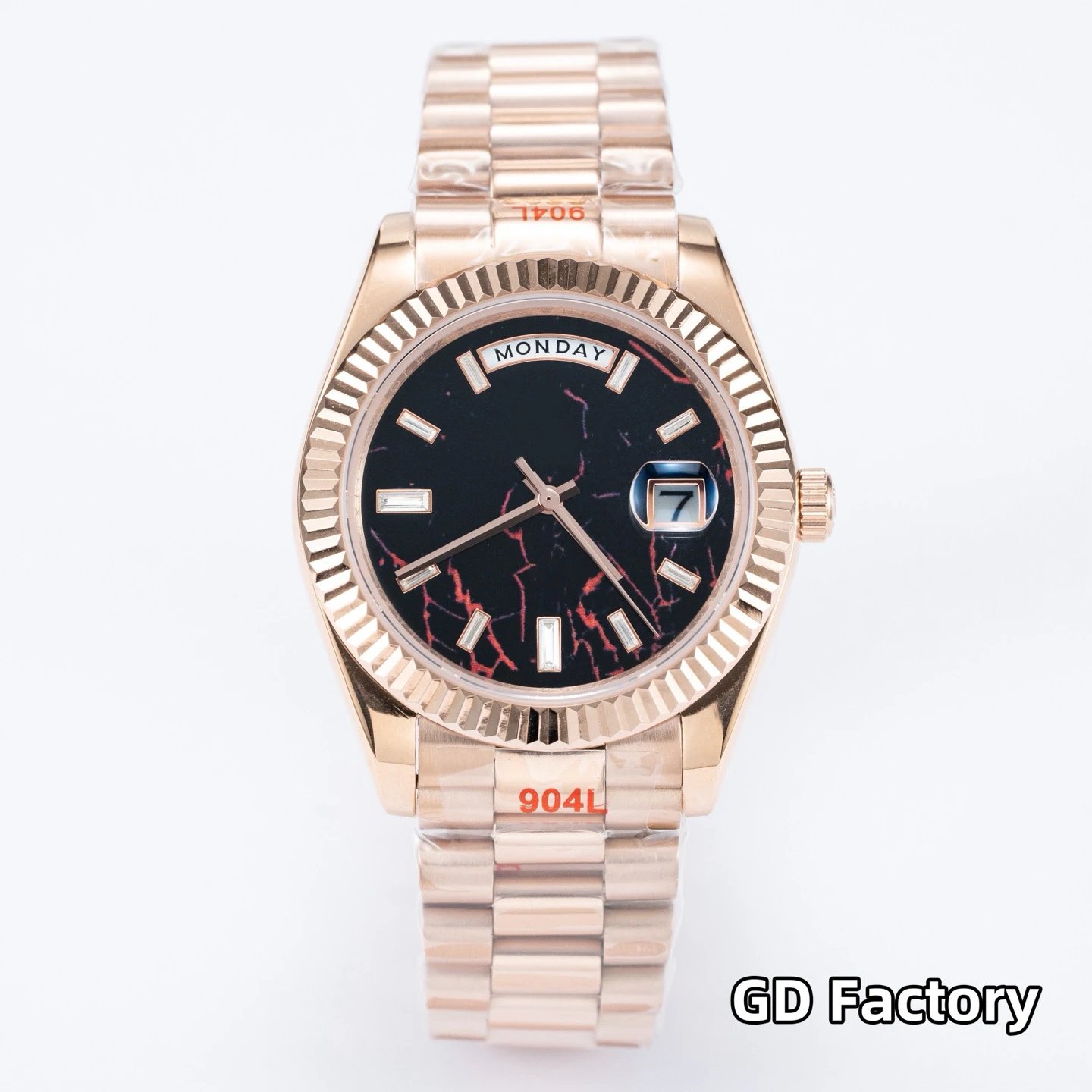 Square Diamond Dial, Rose Gold Case, Black Dial, Steel Bracelet