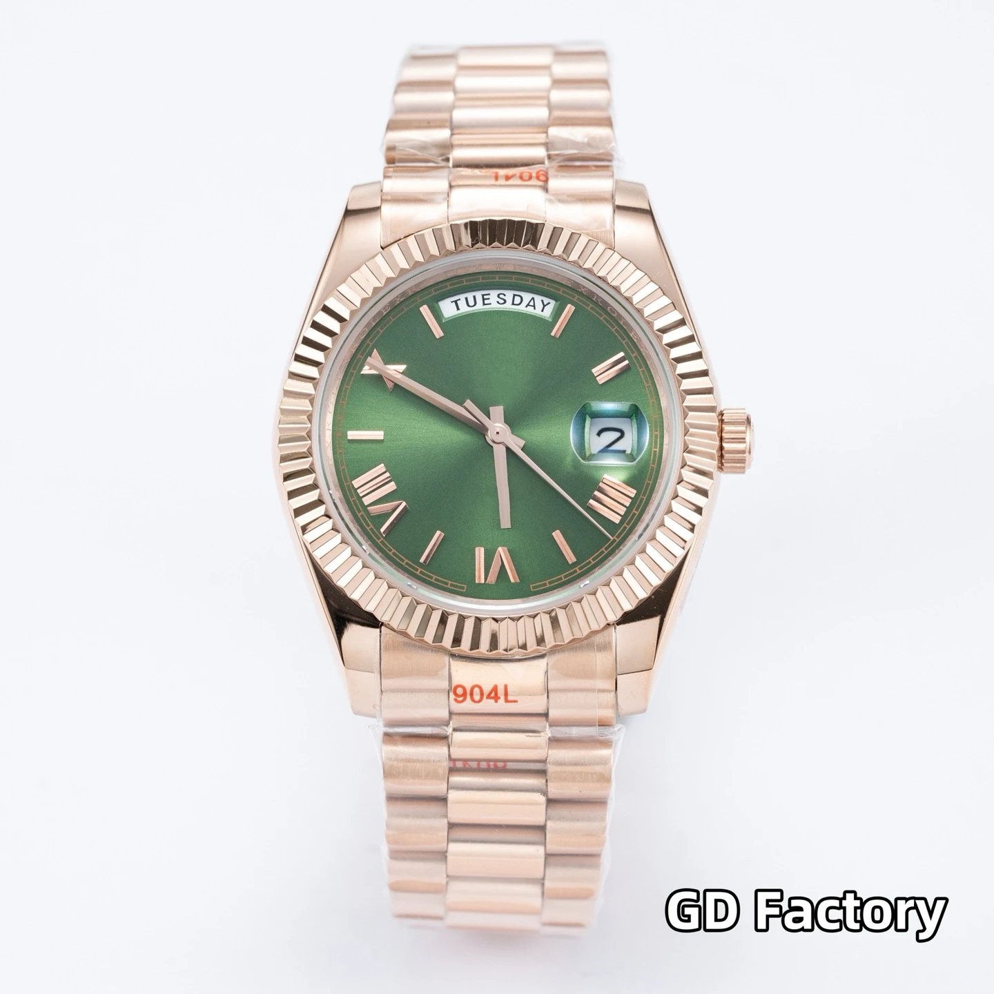Roman Dial, Rose Gold Case, Green Dial, Steel Bracelet