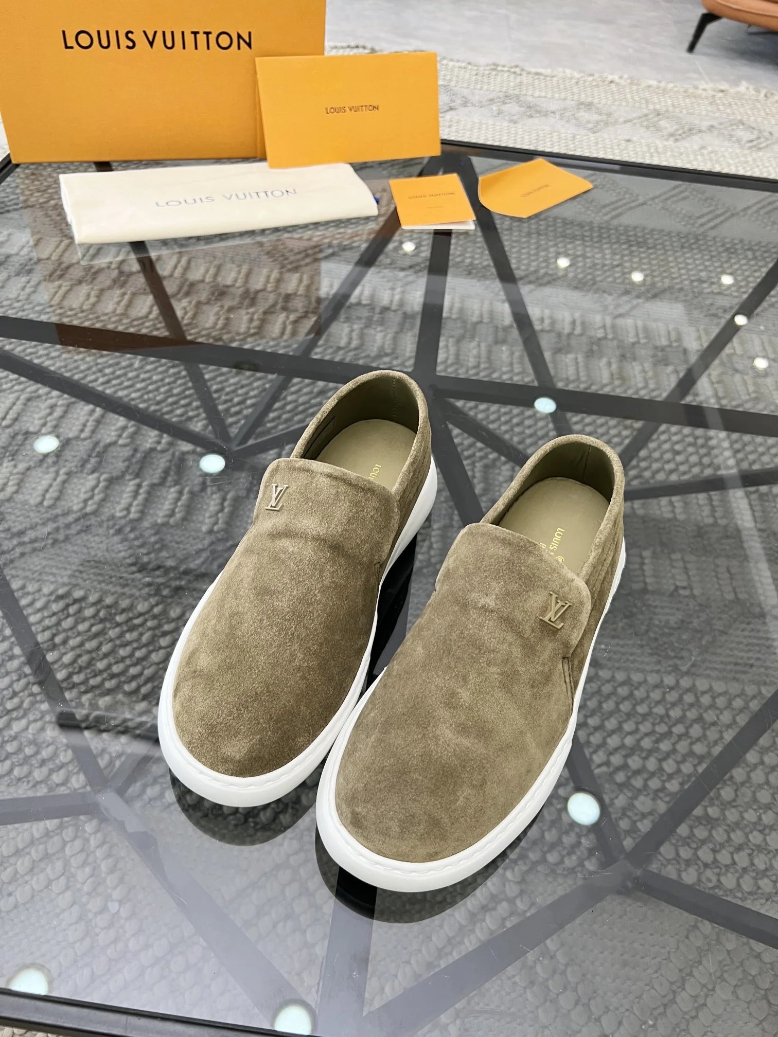 Louis Vuitton LV Trainer Beige Suede Slip-On Sneakers
