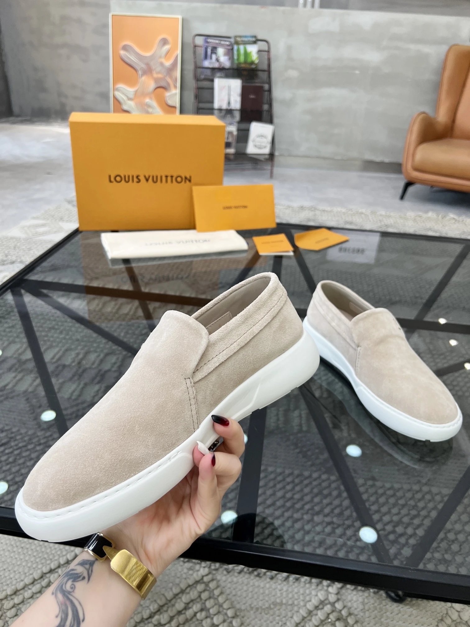 Louis Vuitton LV Trainer Beige Suede Slip-On Sneakers