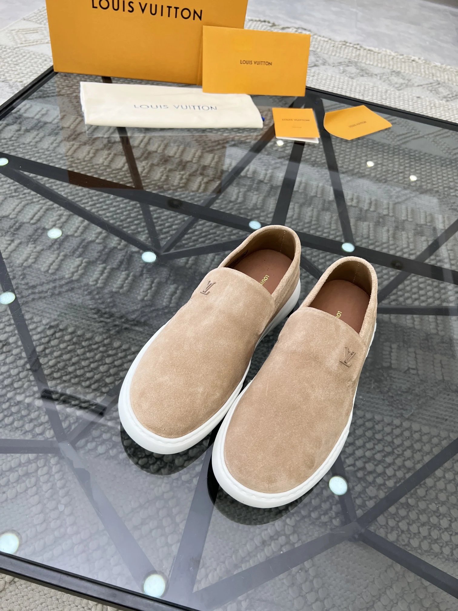Louis Vuitton Suede Slip-On Sneakers in Beige