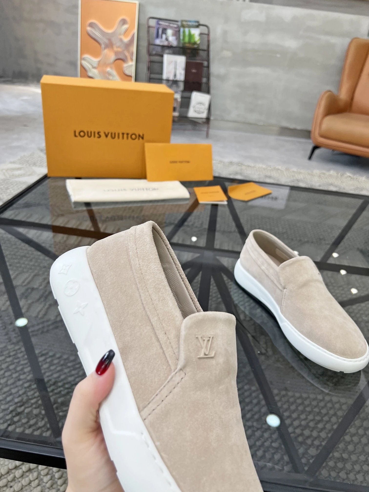 Louis Vuitton LV Trainer Beige Suede Slip-On Sneakers