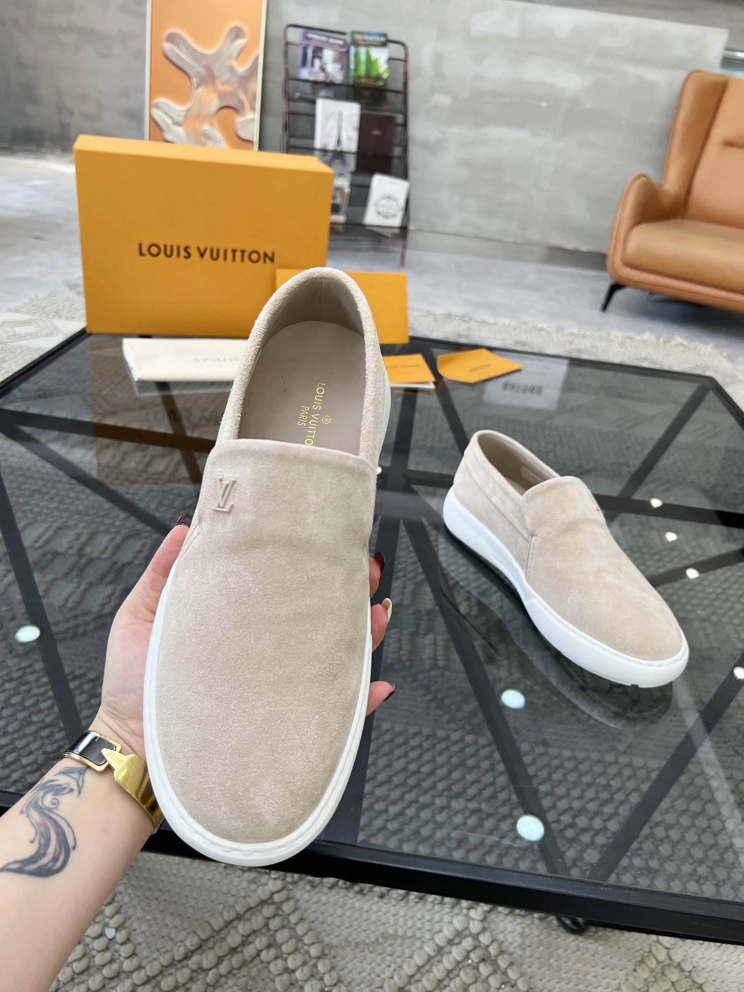 Louis Vuitton LV Trainer Beige Suede Slip-On Sneakers