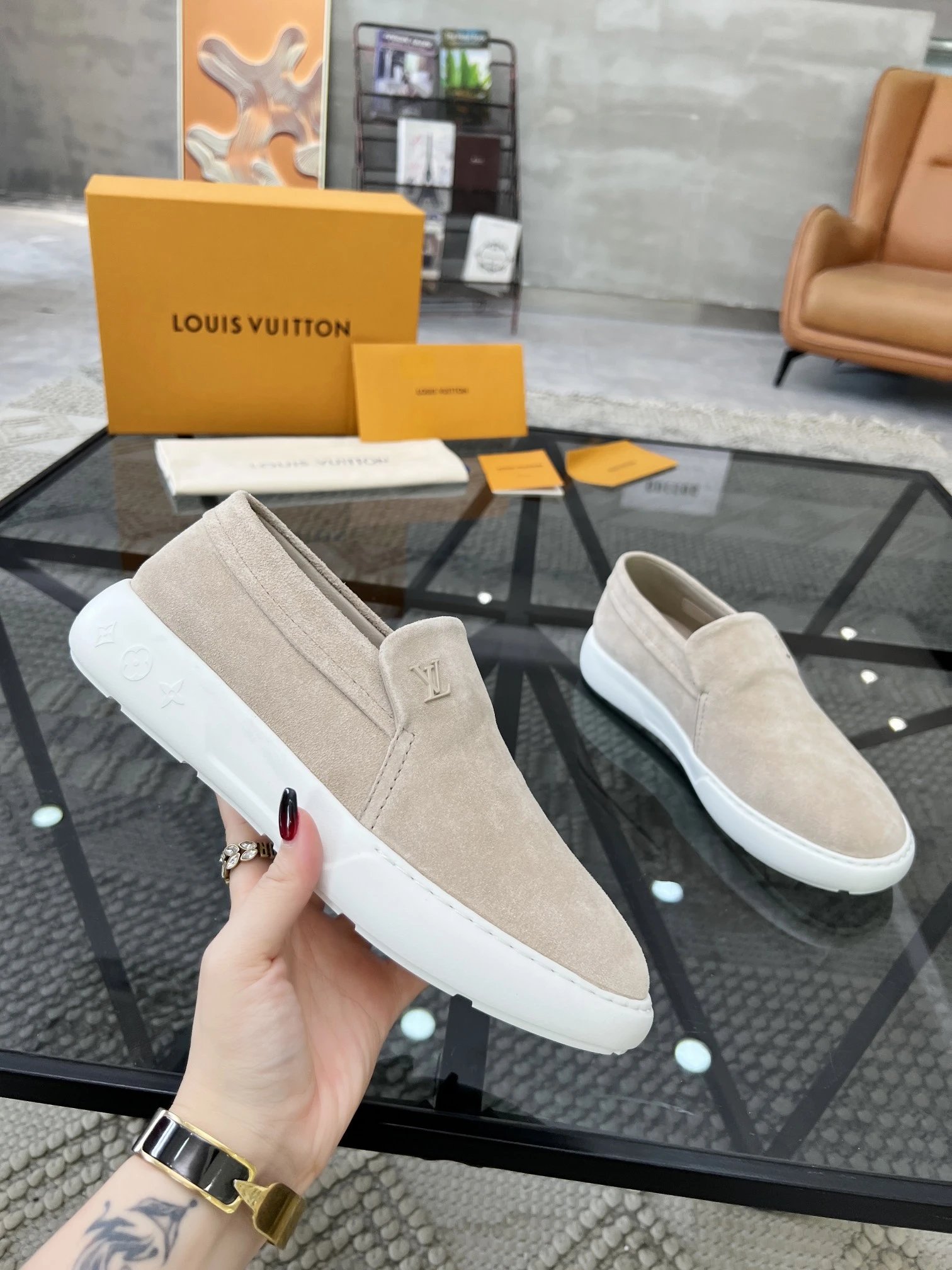 Louis Vuitton LV Trainer Beige Suede Slip-On Sneakers
