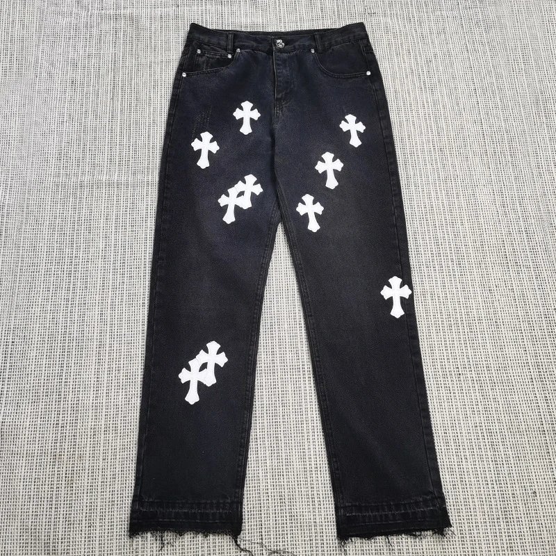 Cross Print Black Denim Pants 