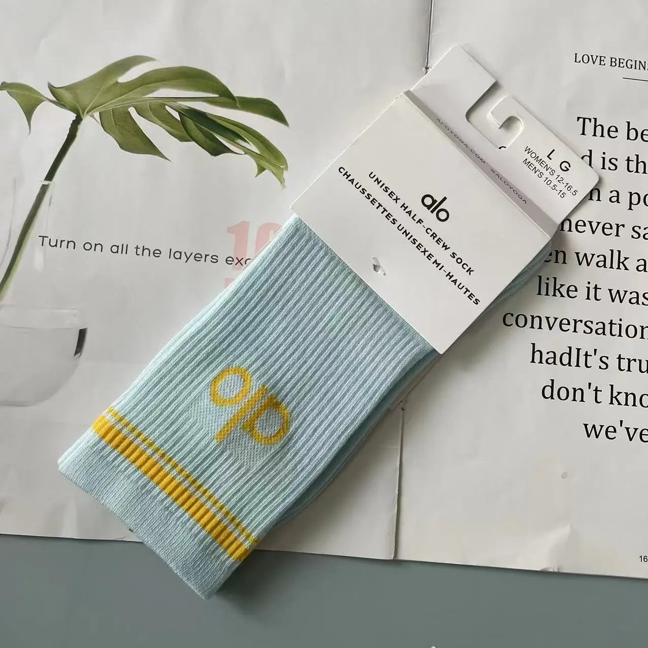 Alo Yoga Unisex Half-Crew Sock Mint Green with Yellow Logo Socks - 1