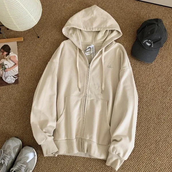 Design Minimalist Beige Zip-Up Hoodie - 1