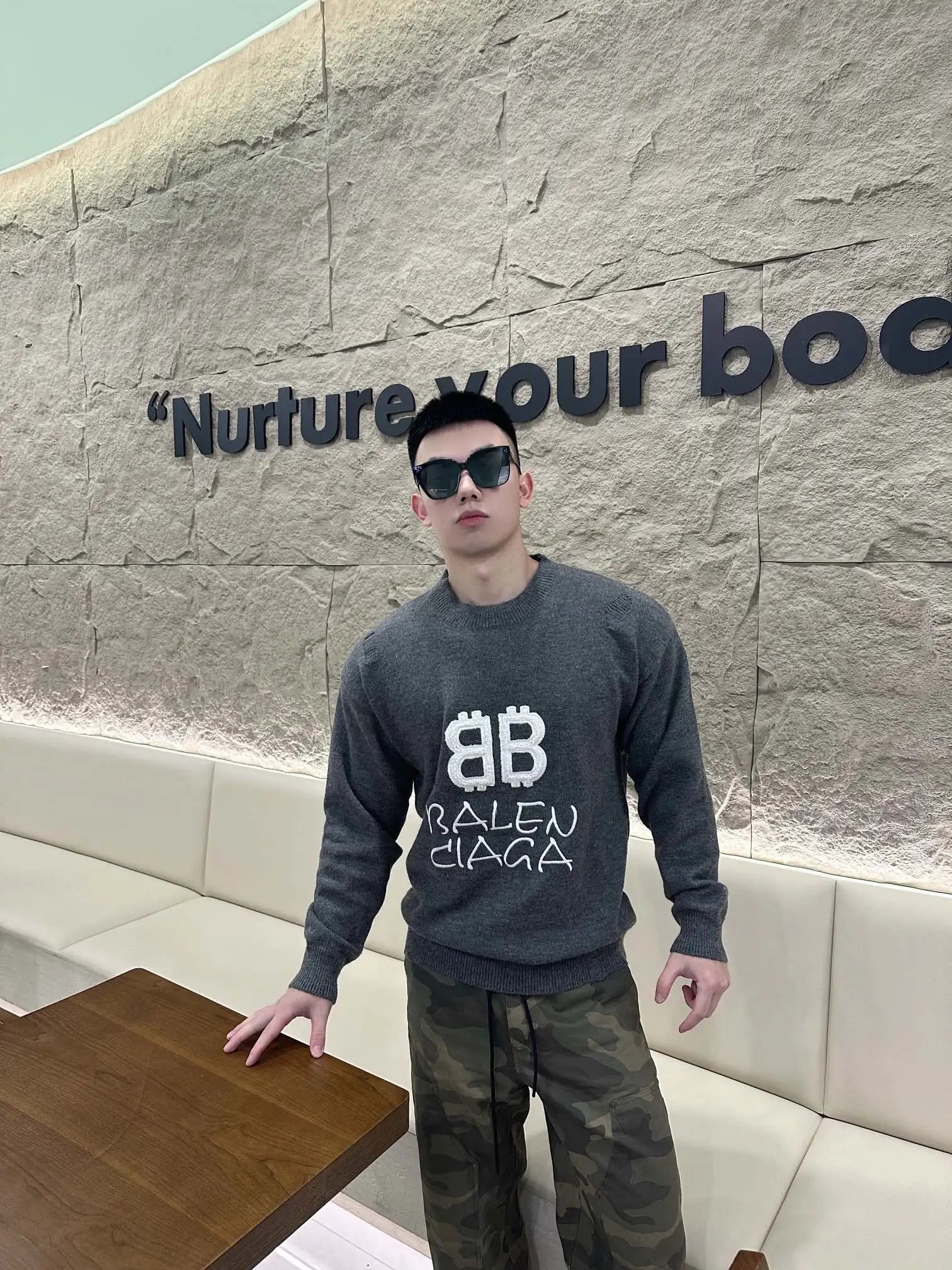 Balenciaga Double B Embroidered Knit Crewneck Sweater Gray - 14