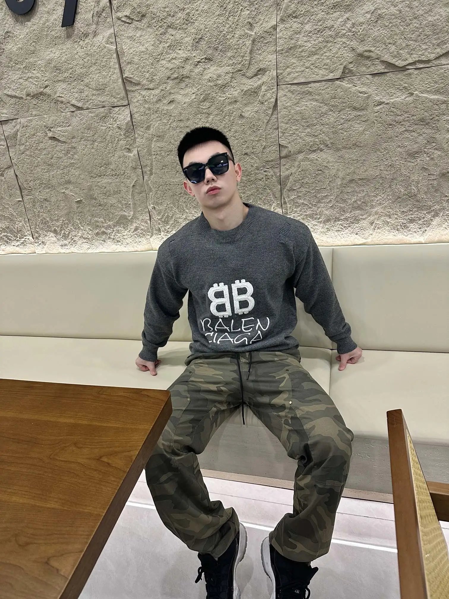 Balenciaga Double B Embroidered Knit Crewneck Sweater Gray - 18
