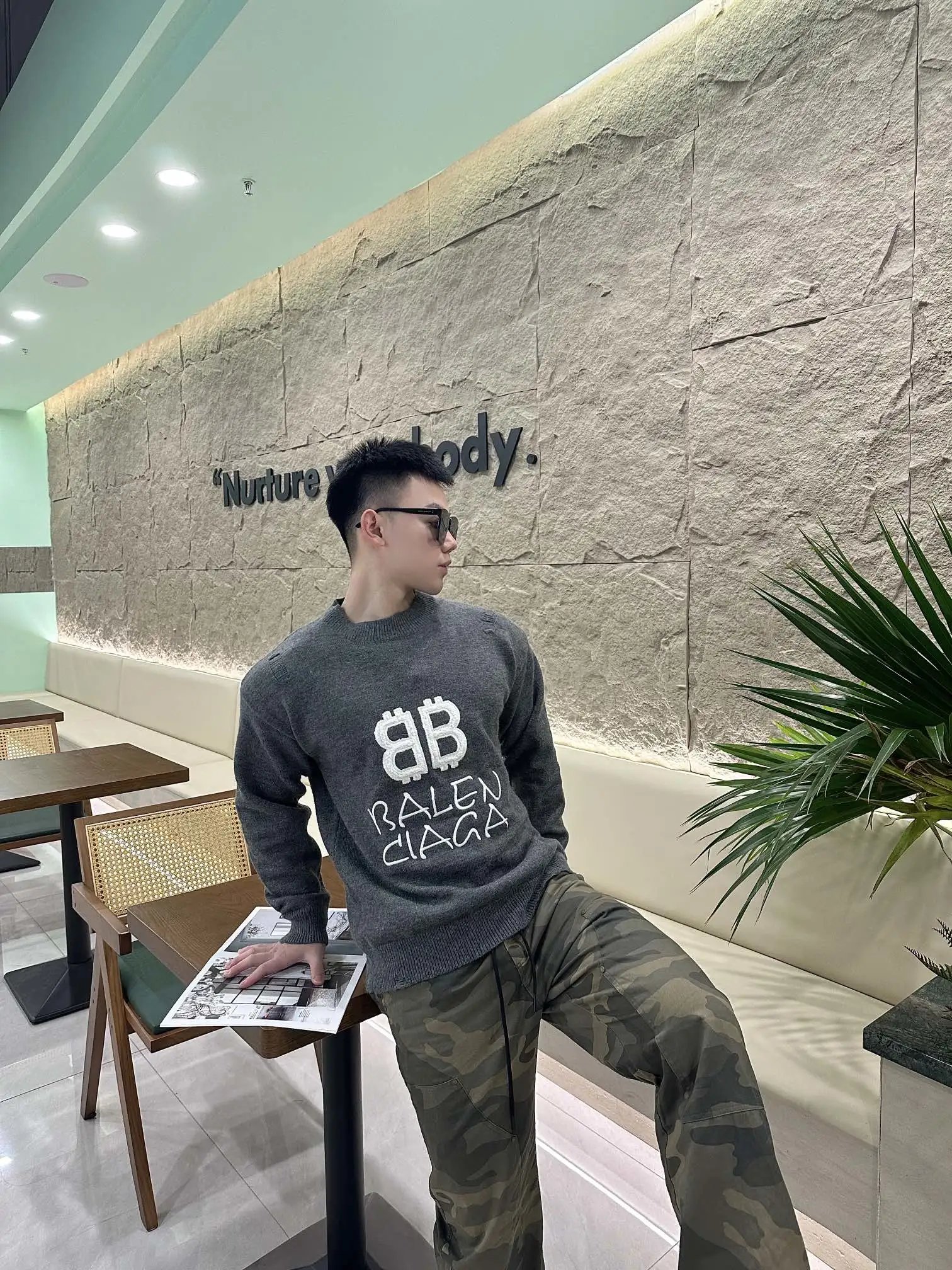 Balenciaga Double B Embroidered Knit Crewneck Sweater Gray - 16