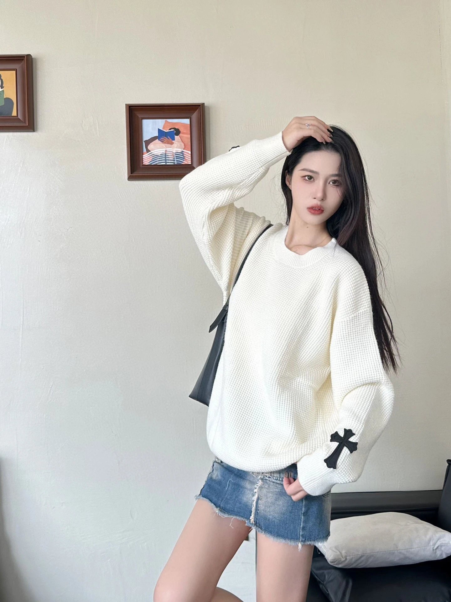 Design Cross-Stitch Leather Patch Grid Knit Sweater Gray - 24