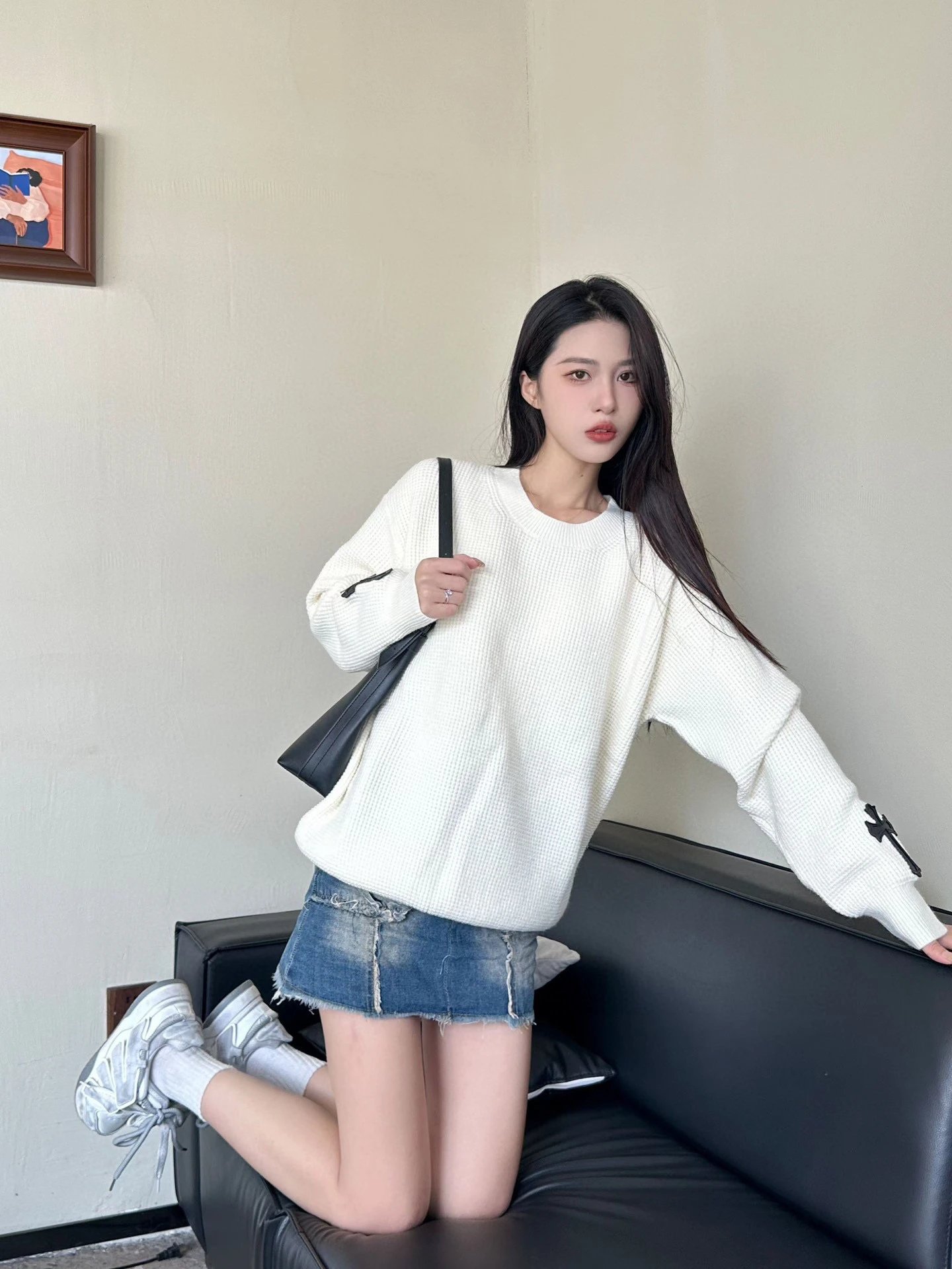 Design Cross-Stitch Leather Patch Grid Knit Sweater Gray - 23
