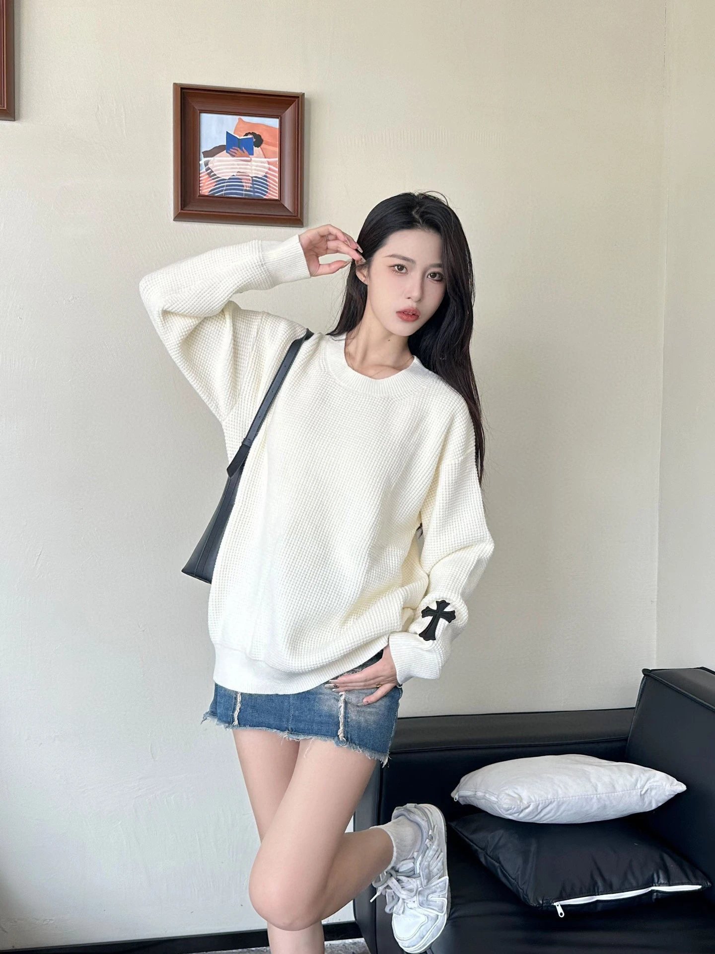 Design Cross-Stitch Leather Patch Grid Knit Sweater Gray - 25