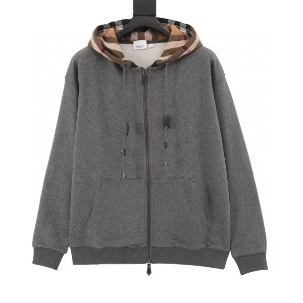 Burberry格子拼接拉链连帽卫衣 Black Hoodie - 13