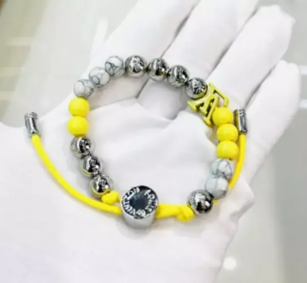 Design Beaded Bracelet with Yellow Cord and Silver Charms Bracelet Jewelry - 1