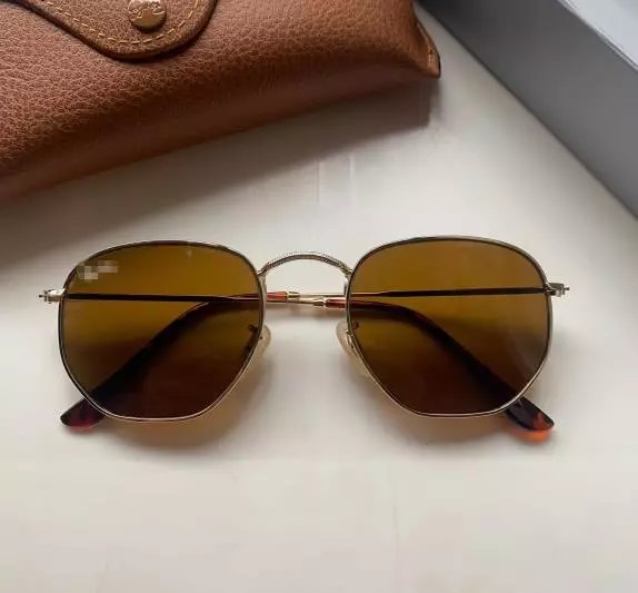 Design Hexagonal Frame Amber Tinted Sunglasses - 1