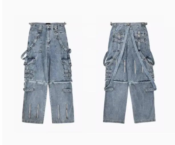 Design Cargo Denim Pants Light Wash Blue Jeans