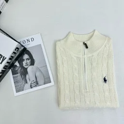 thumbnail for RL pony logo embroidered cable-knit wool knit half-zip long-sleeved sweat wool half-zip sweater CPBJ